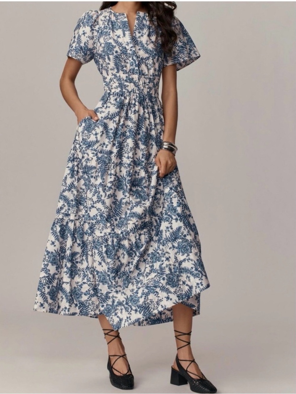 Anthropologie Blue and White Floral Midi Dress